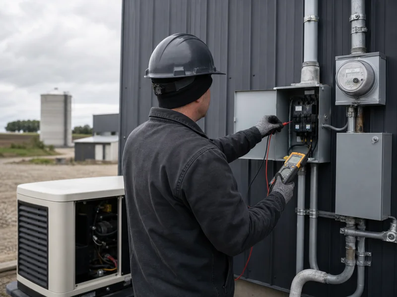 Électricien vérifiant une génératrice et une entrée de service à Saint-Rémi